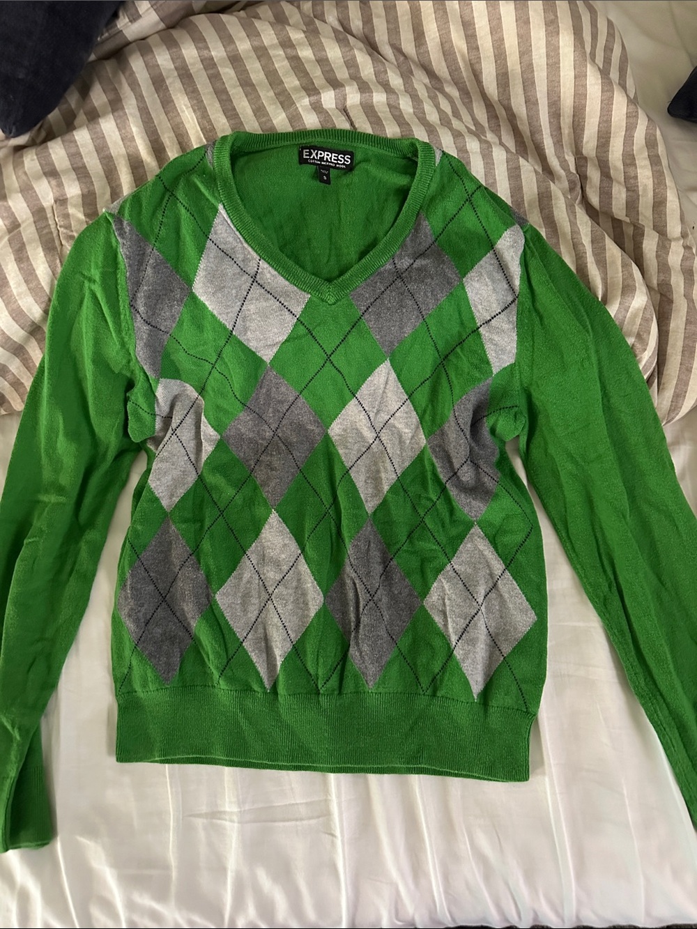Express Bright Green Argyle V-Neck Sweater